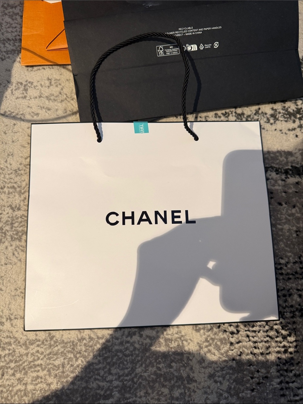 CHANEL White Tote Bag with Black Rope Handles